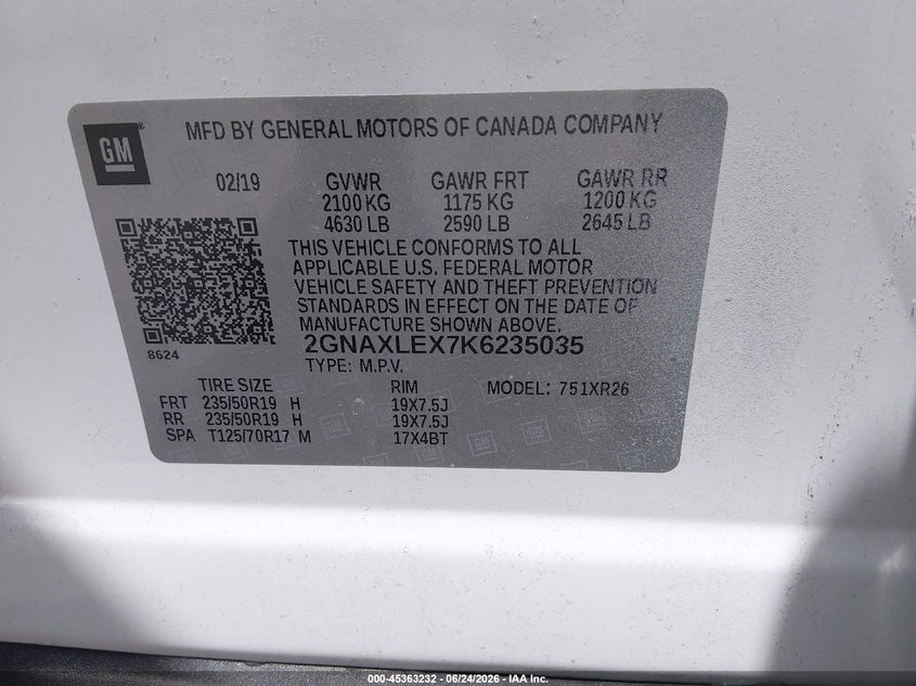 2019 CHEVROLET EQUINOX SPORT UTILITY VEHICLE 2.0L I-4 DI, DOHC, VVT, TURBO, 252HP