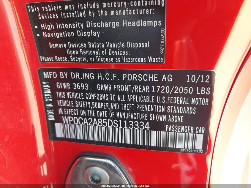 2013 Porsche Boxster VIN: WP0CA2A85DS113334 Lot: 45363252