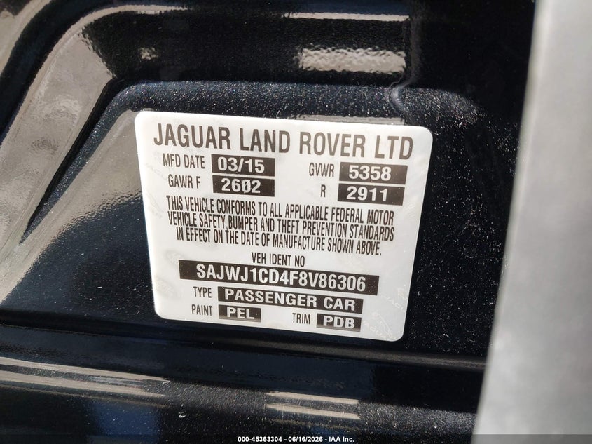 2015 Jaguar Xj VIN: SAJWJ1CD4F8V86306 Lot: 45363304