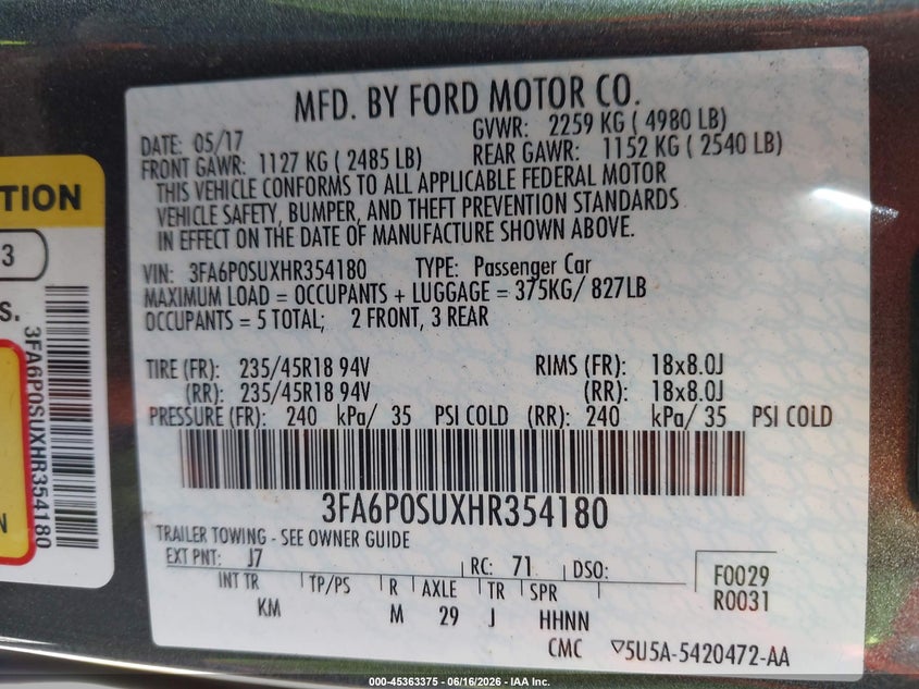 2017 FORD FUSION SEDAN 2.0L I-4 DOHC, VVT, 141HP