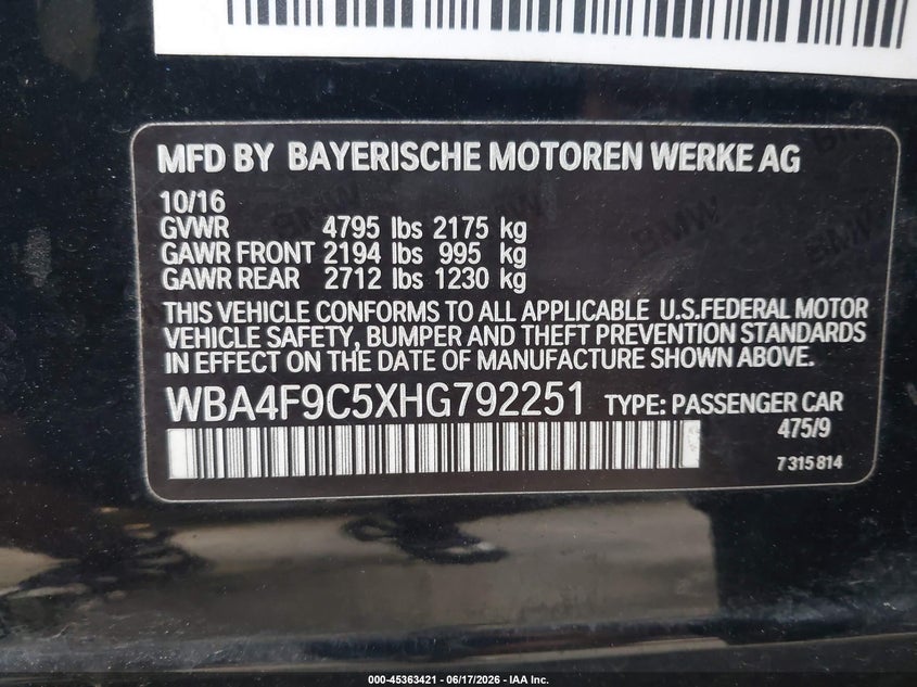 2017 BMW 430I Gran Coupe xDrive VIN: WBA4F9C5XHG792251 Lot: 45363421