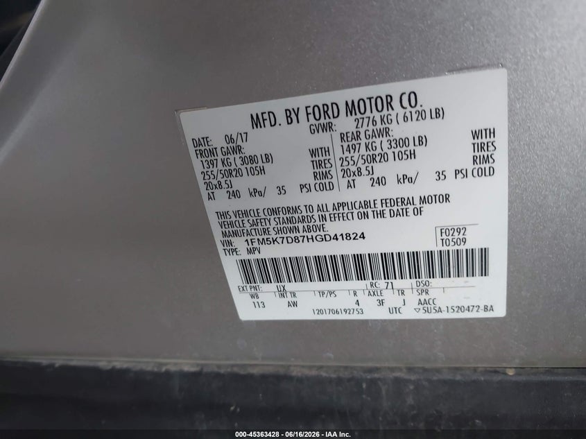 VIN 1FM5K7D87HGD41824 2017 FORD EXPLORER XLT