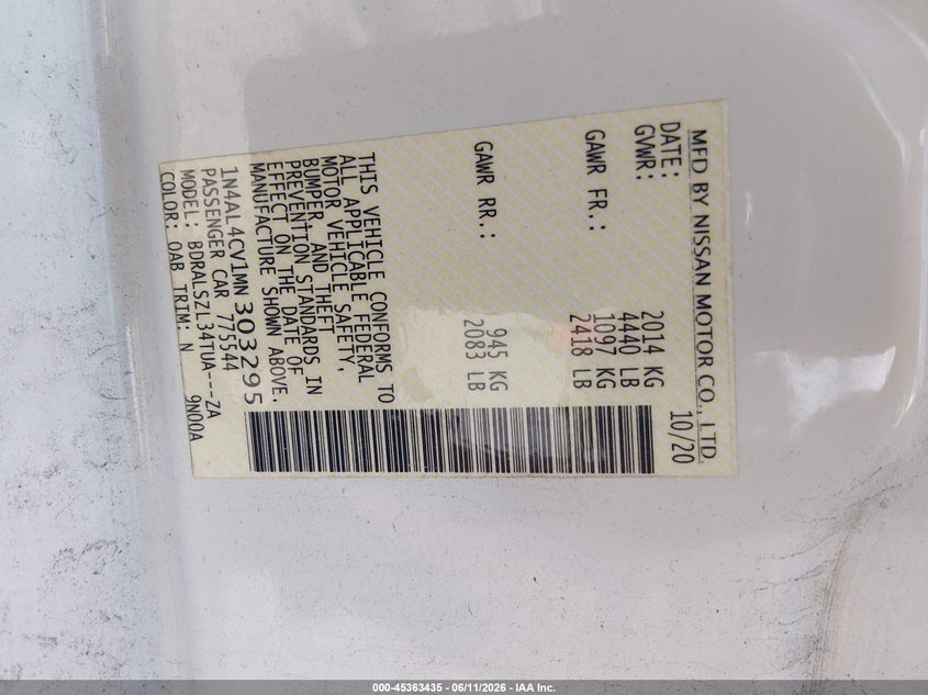 VIN 1N4AL4CV1MN303295 2021 NISSAN ALTIMA SR VC-TURBO FWD