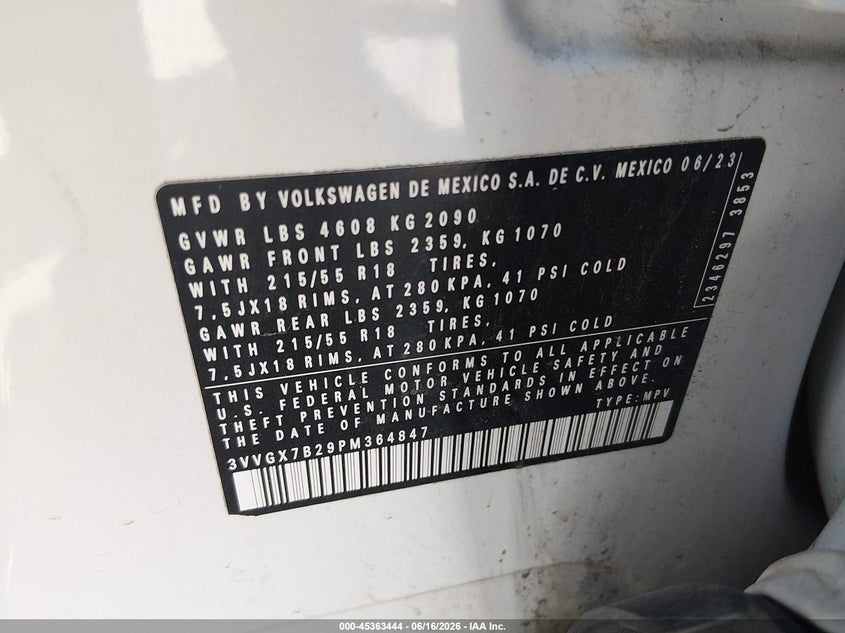 2023 Volkswagen Taos 1.5T S VIN: 3VVGX7B29PM364847 Lot: 45363444