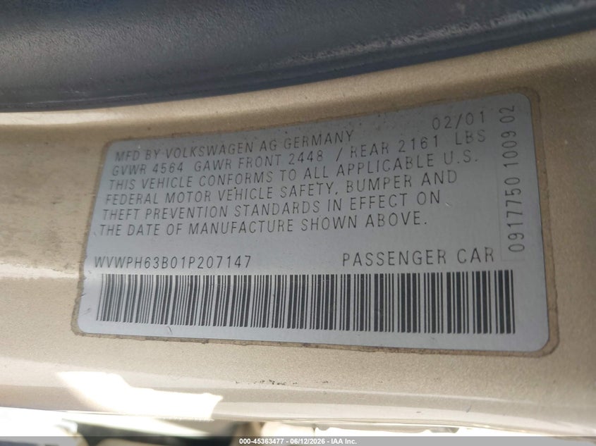 2001 VOLKSWAGEN PASSAT SEDAN 2.8L V-6 DOHC, VVT, 190HP