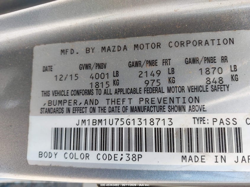 2016 MAZDA 3 SEDAN 2.0L I-4 DI, DOHC, VVT, 155HP