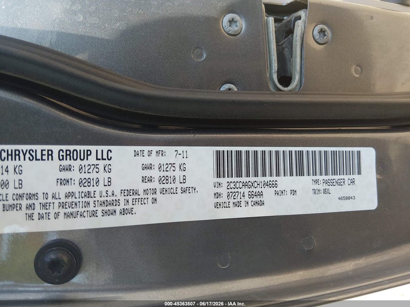 2012 Chrysler 300 VIN: 2C3CCAAGXCH104666 Lot: 45363507