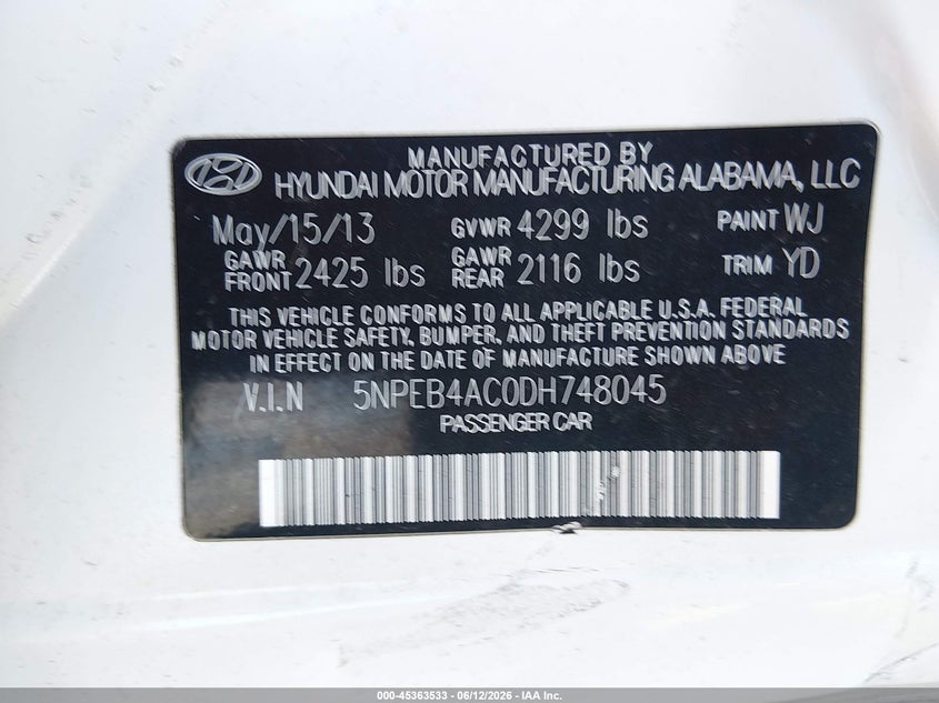 2013 HYUNDAI SONATA SEDAN 2.4L I-4 DI, DOHC, VVT, 198HP