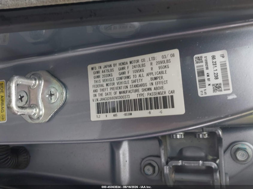 2009 Acura Tsx VIN: JH4CU26609C000373 Lot: 45363534