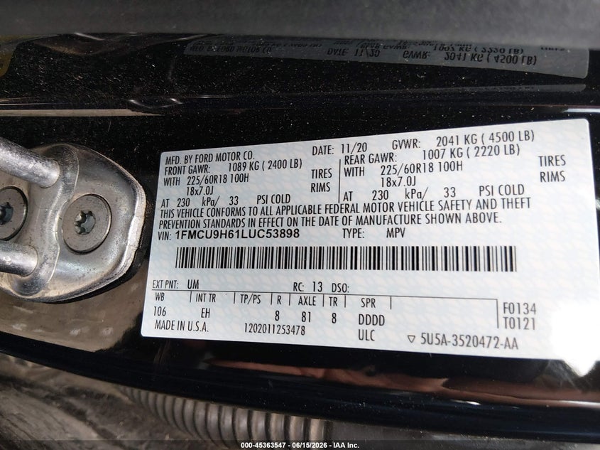 2020 FORD ESCAPE SPORT UTILITY VEHICLE 1.5L I-3 DI, DOHC, VVT, TURBO, 181HP