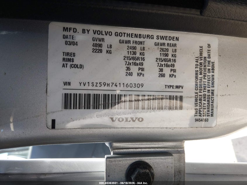 2004 Volvo Xc70 2.5T VIN: YV1SZ59H741160309 Lot: 45363551