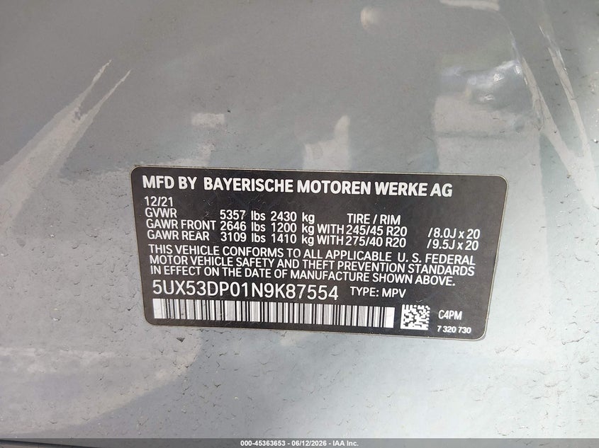 BMW X3 2022 VIN 5UX53DP01N9K87554