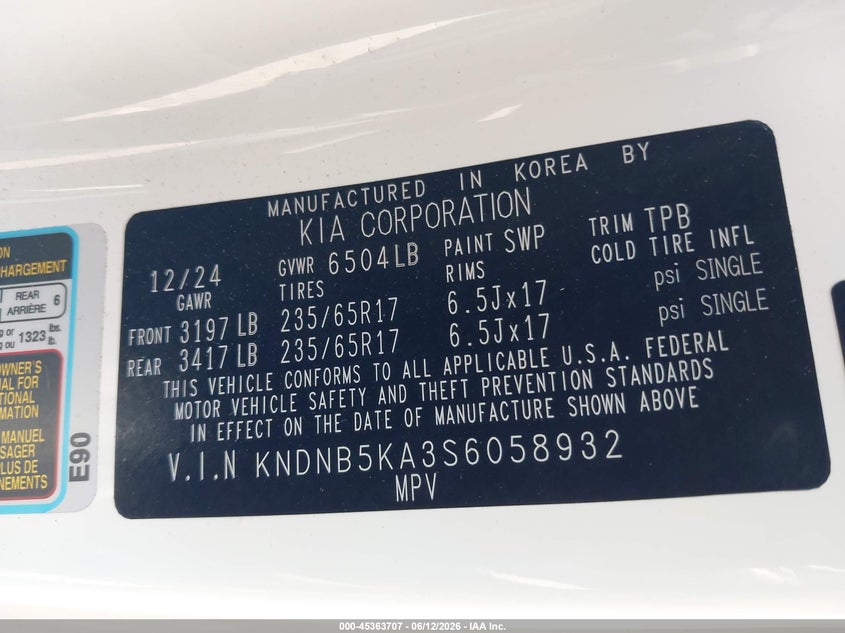 2025 Kia Carnival Mpv Hybrid Lxs VIN: KNDNB5KA3S6058932 Lot: 45363707