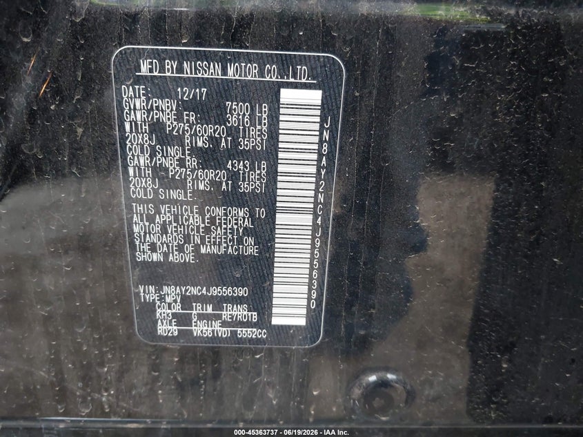 2018 Nissan Armada Platinum VIN: JN8AY2NC4J9556390 Lot: 45363737