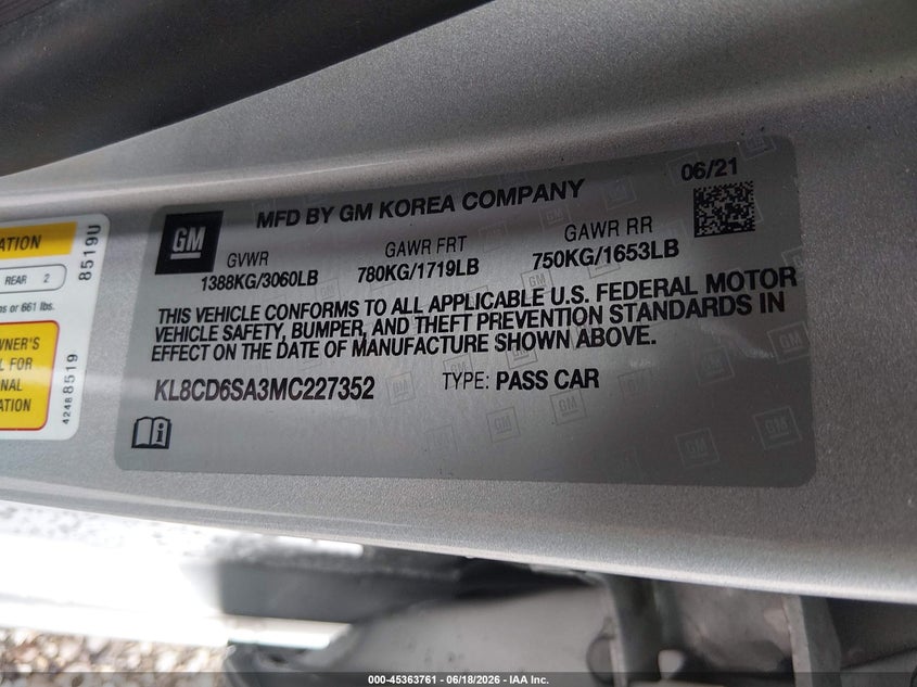 2021 Chevrolet Spark Fwd 1Lt Automatic VIN: KL8CD6SA3MC227352 Lot: 45363761