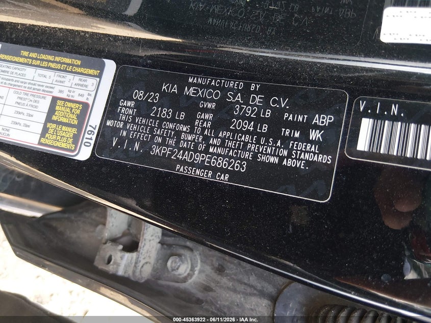2023 Kia Forte Lxs VIN: 3KPF24AD9PE686263 Lot: 45363922