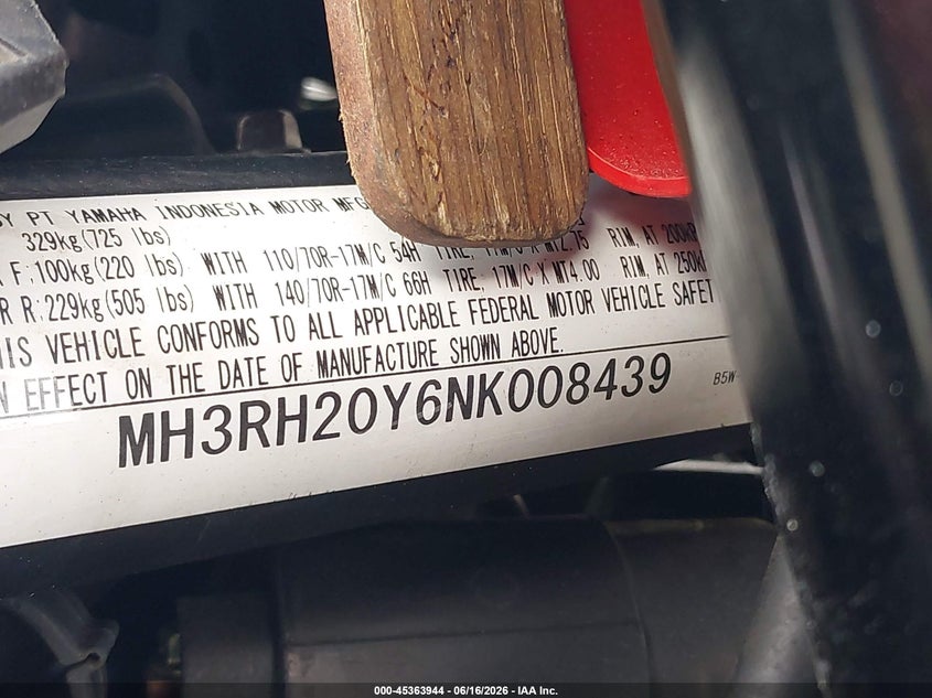 2022 Yamaha Mt-03 VIN: MH3RH20Y6NK008439 Lot: 45363944