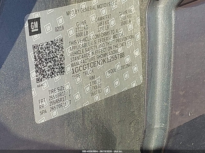 VIN 1GCGTCEN2K1255788 2019 CHEVROLET COLORADO LT