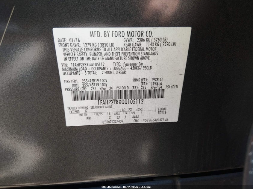 2016 Ford Taurus Limited VIN: 1FAHP2F8XGG105112 Lot: 45363958