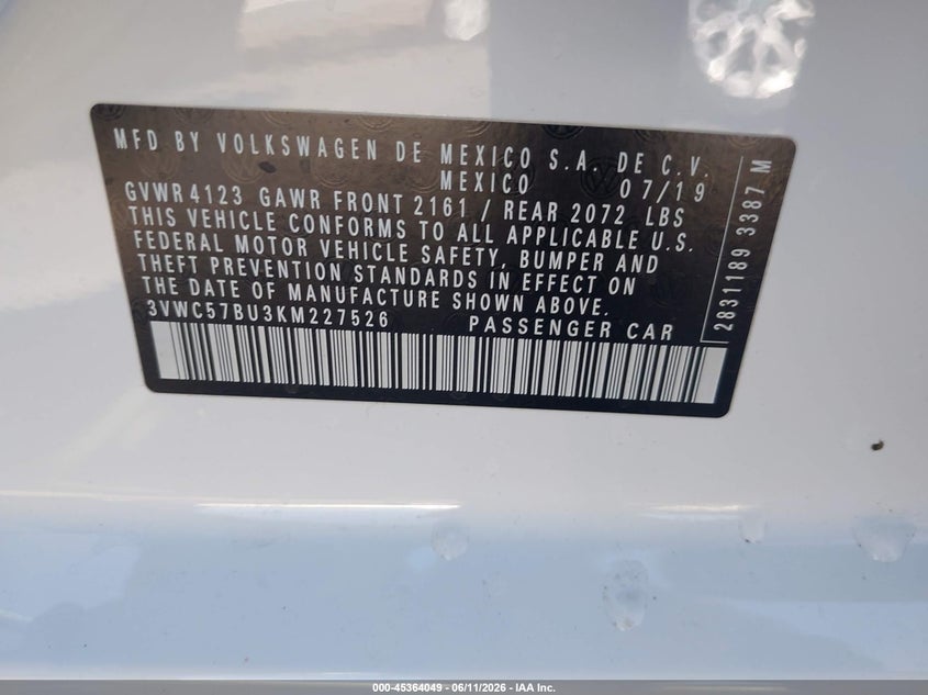 2019 Volkswagen Jetta 1.4T R-Line/1.4T S/1.4T Se VIN: 3VWC57BU3KM227526 Lot: 45364049