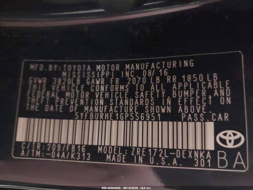 2016 TOYOTA COROLLA SEDAN 1.8L I-4 DOHC, VVT, 132HP