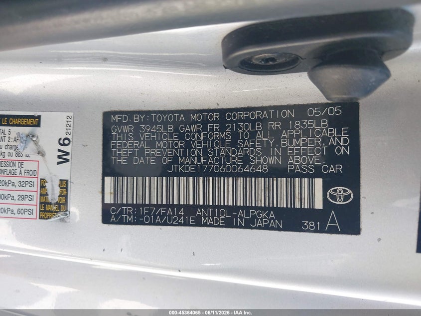 2006 Scion Tc VIN: JTKDE177060064648 Lot: 45364065