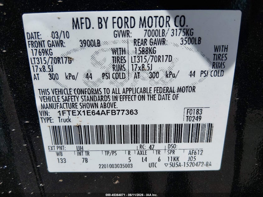 2010 FORD F-150 PICKUP 6.2L V-8 VVT, 411HP