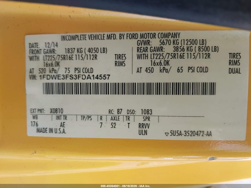 2015 FORD E-350 CUTAWAY auction photo 8