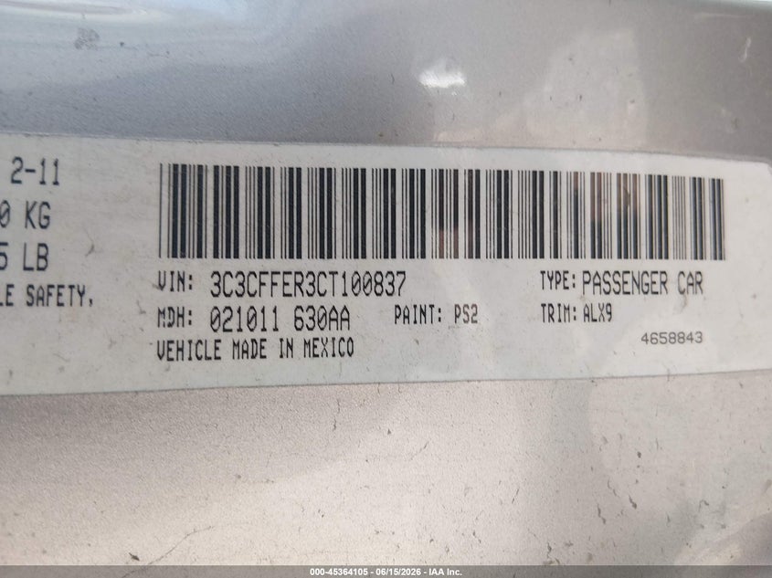 2012 Fiat 500C Lounge VIN: 3C3CFFER3CT100837 Lot: 45364105