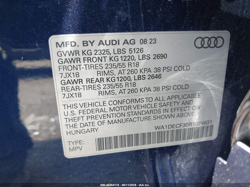 2024 Audi Q3 Premium 45 Tfsi S Line Quattro Tiptronic VIN: WA1DECF30R1024631 Lot: 45364118