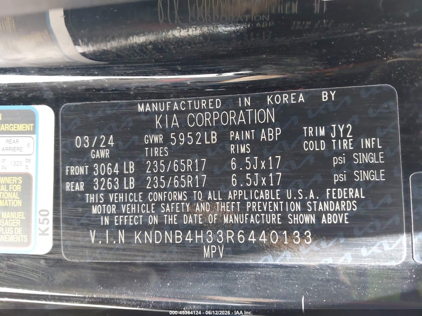 2024 Kia Carnival Mpv Lx Seat Package VIN: KNDNB4H33R6440133 Lot: 45364124