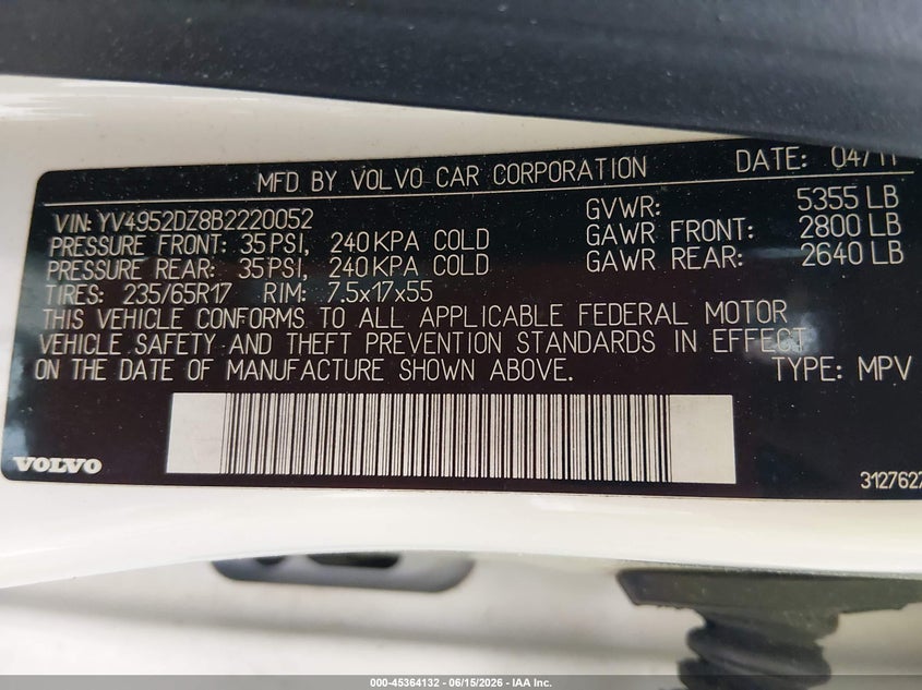 2011 Volvo Xc60 3.2 VIN: YV4952DZ8B2220052 Lot: 45364132