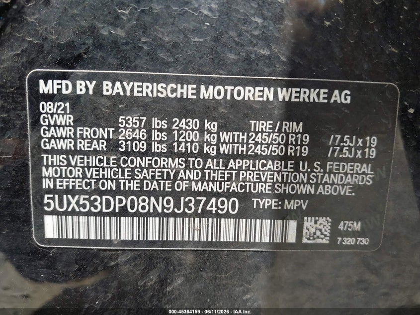 BMW X3 2022 VIN 5UX53DP08N9J37490