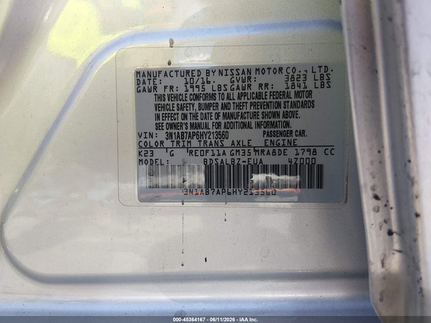 2017 Nissan Sentra S VIN: 3N1AB7AP6HY213560 Lot: 45364167