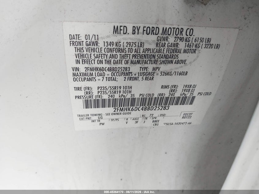 2011 Ford Flex Limited VIN: 2FMHK6DC4BBD25283 Lot: 45364170