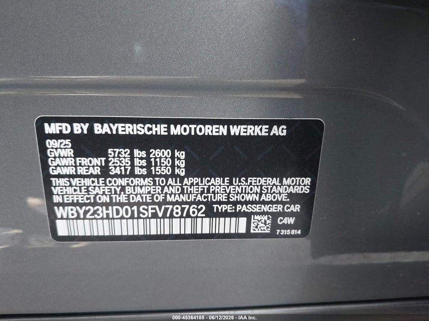 2025 BMW I4 Gran Coupe Edrive40 VIN: WBY23HD01SFV78762 Lot: 45364185