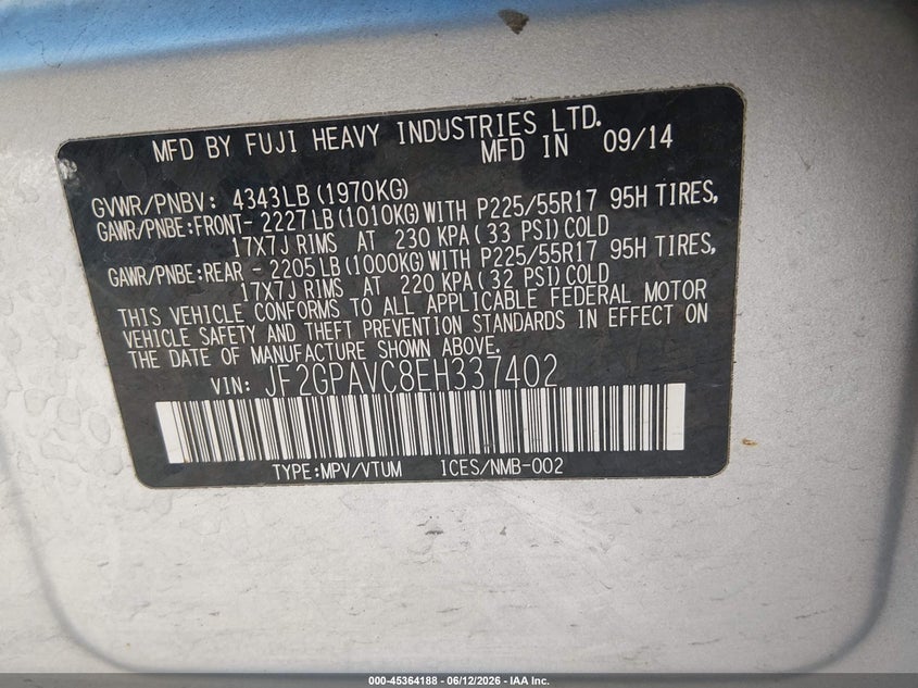 2014 SUBARU XV SPORT UTILITY VEHICLE 2.0L H-4 DOHC, VVT, 148HP