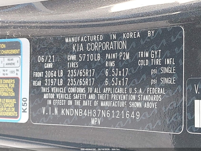 2022 Kia Carnival Mpv Lx Seat Package VIN: KNDNB4H37N6121649 Lot: 45364190
