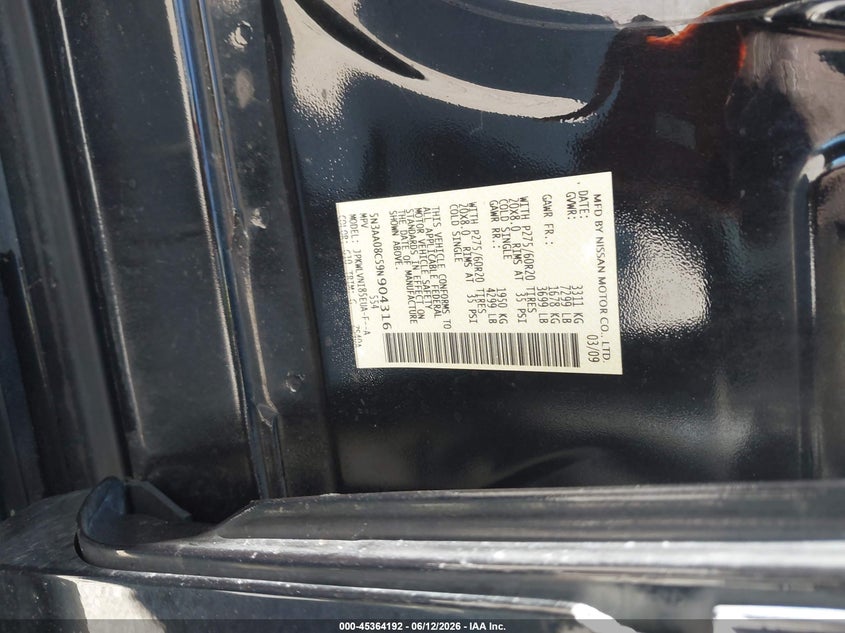 2009 Infiniti Qx56 VIN: 5N3AA08C59N904316 Lot: 45364192