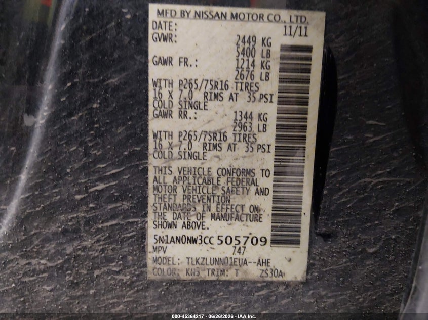 2012 Nissan Xterra Pro-4X VIN: 5N1AN0NW3CC505709 Lot: 45364217