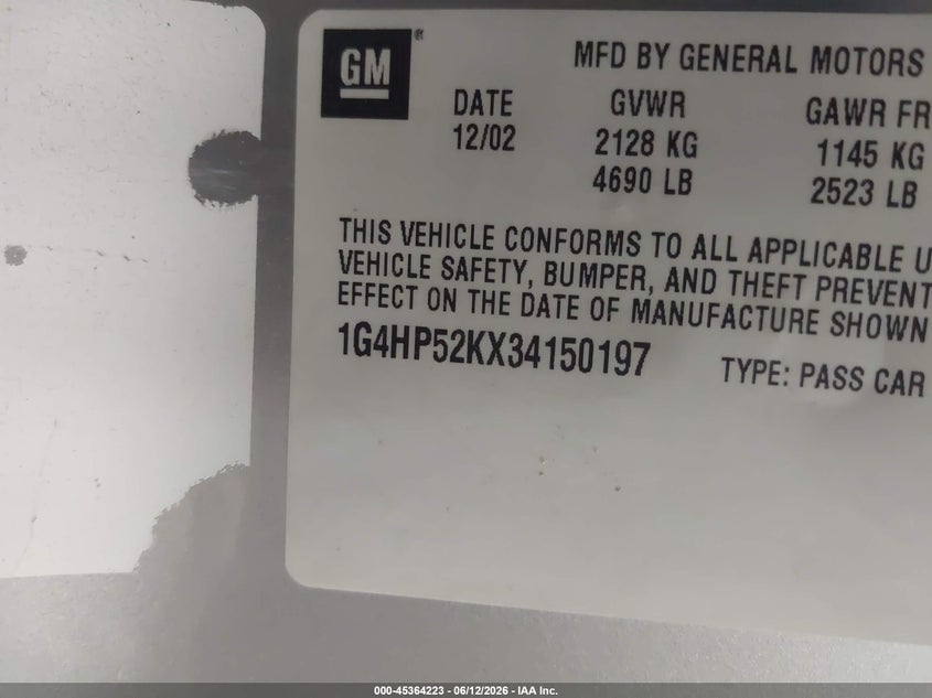 2003 Buick Lesabre Custom VIN: 1G4HP52KX34150197 Lot: 45364223
