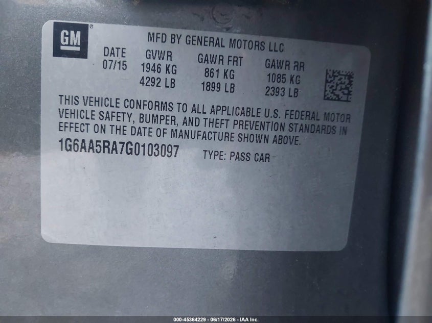 2016 Cadillac Ats Standard VIN: 1G6AA5RA7G0103097 Lot: 45364229