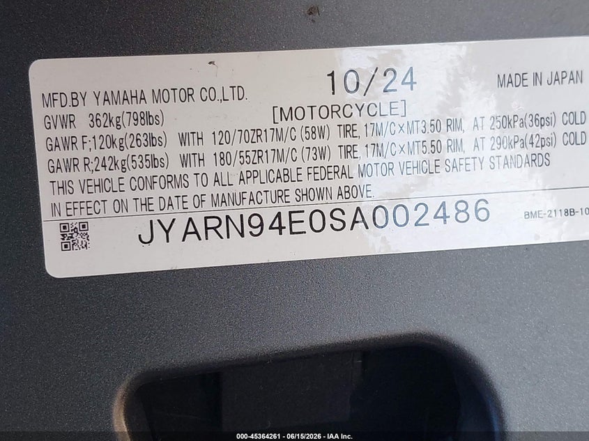 2025 Yamaha Mt09 VIN: JYARN94E0SA002486 Lot: 45364261