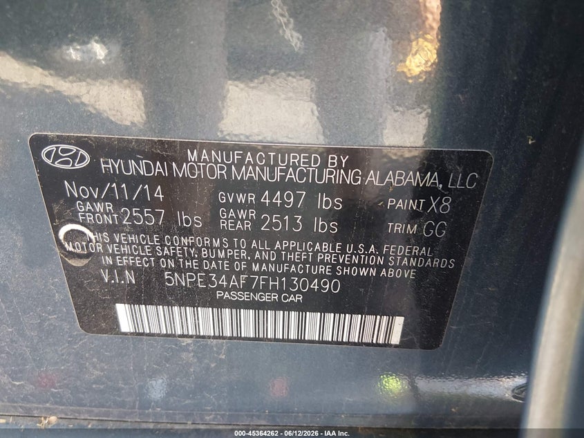 HYUNDAI SONATA 2015 VIN 5NPE34AF7FH130490