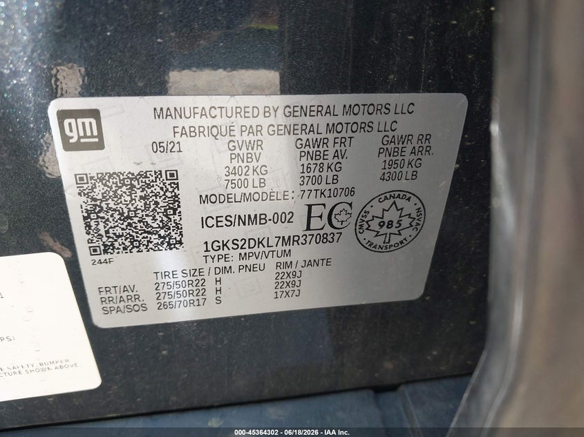 2021 GMC Yukon Denali VIN: 1GKS2DKL7MR370837 Lot: 45364302