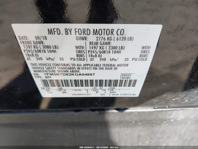 VIN 1FM5K7D82KGA04887 2019 FORD EXPLORER XLT