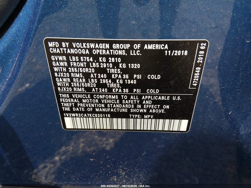 2019 Volkswagen Atlas 3.6L V6 Se W/Technology VIN: 1V2WR2CA7KC520115 Lot: 45364327