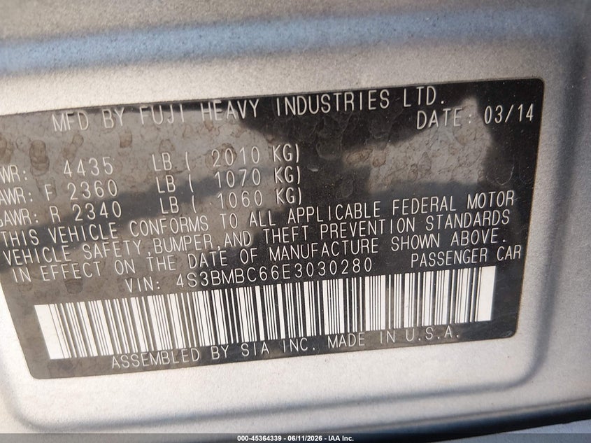 2014 Subaru Legacy 2.5I Premium VIN: 4S3BMBC66E3030280 Lot: 45364339