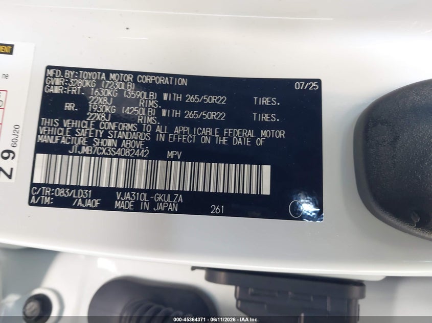 2025 Lexus Lx 600 F Sport VIN: JTJMB7CX3S4082442 Lot: 45364371