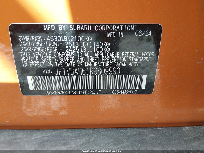 2024 Subaru Wrx Premium VIN: JF1VBAH61R9809990 Lot: 45364413